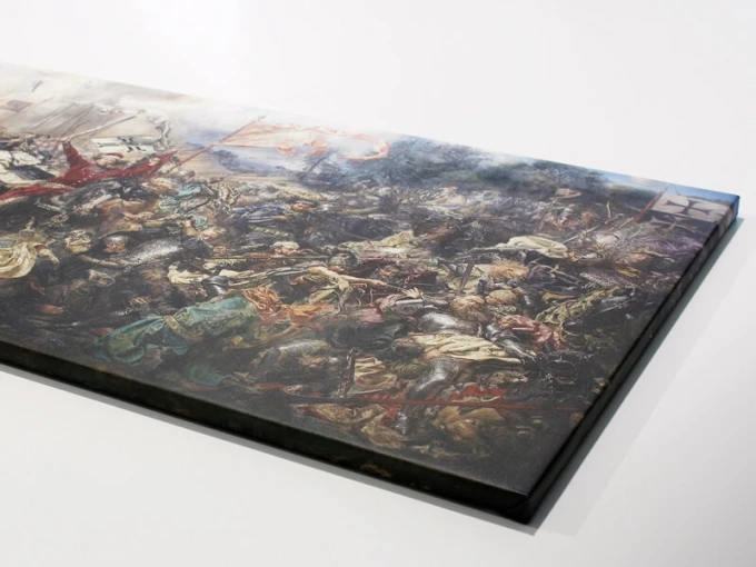 Reproduction of the painting Battle of Grunwald by Jan Matejko, depicting a dynamic battle scene.
