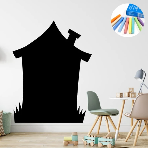 Chalk sticker for kids, house design - Decor for a child\'s room with light walls and simple pastel furniture.