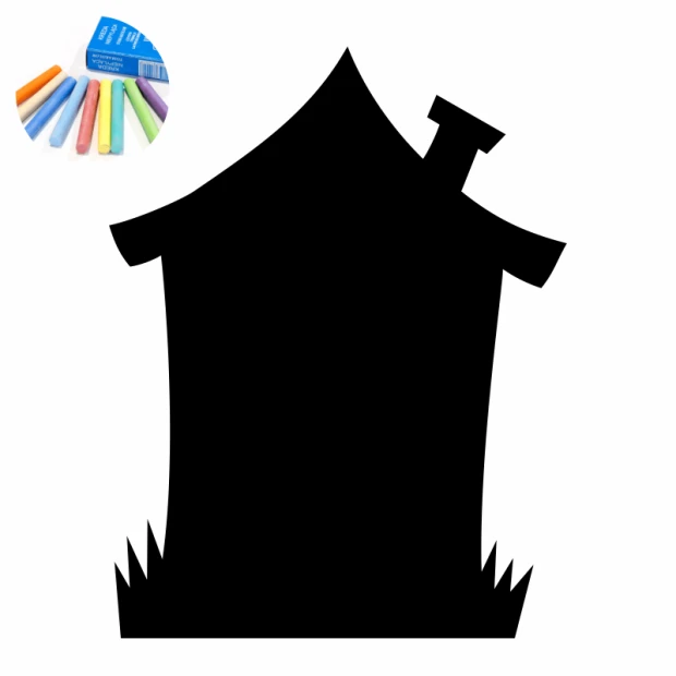 Chalkboard sticker for kids featuring a black outline of a house with a roof and grass.