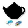 Chalkboard for kitchen in teapot shape with handle and lid, includes chalk in various colors.