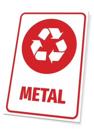 Metal recycling sign - Red recycling symbol on a white background with the word METAL.