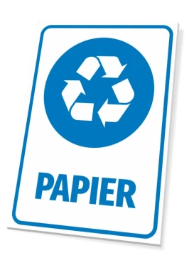Paper bin sign - Graphic design. Round recycling symbol with blue arrows and the word Paper.