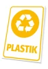Plastic bin sign - Graphic design. Yellow recycling icon on a white background with the word "plastic".