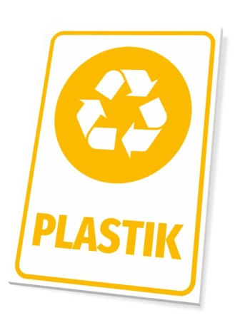 Plastic bin sign - Graphic design. Yellow recycling icon on a white background with the word "plastic".