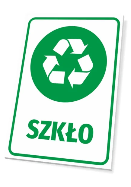 Recycling bin label for glass - Green recycling icon with "GLASS" text on a white background.