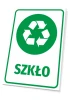 Recycling bin label for glass - Green recycling icon with "GLASS" text on a white background.
