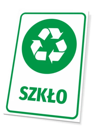 Recycling bin label for glass - Green recycling icon with "GLASS" text on a white background.
