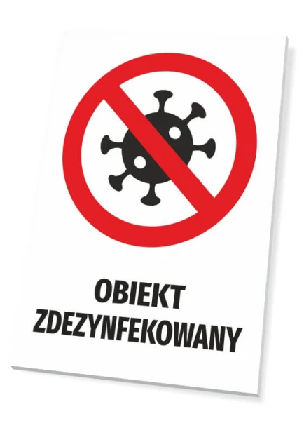 Disinfected object sign - Graphic design. Red circle with a black crossed-out virus graphic and black text.