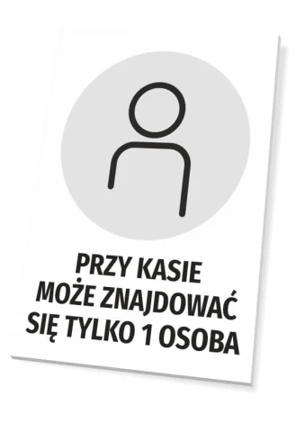 Sign: Only 1 person allowed at the checkout - Graphic design. Round icon of a figure on a gray background, text.