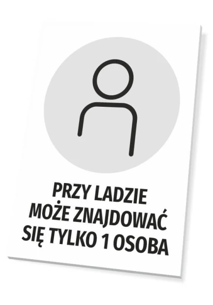 Sign: Only 1 person allowed at the counter - Graphic design. Round pictogram shows a person silhouette. Text.