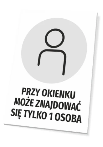 Sign: Only 1 person allowed at the window - Graphic design. Round icon of a figure on a gray background with text.