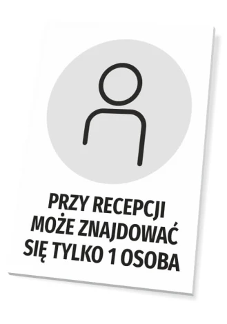 Sign at reception: Only 1 person allowed - Graphic design. Round icon of a person on a gray background, text.