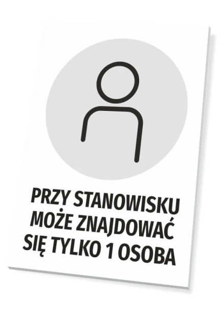 Sign: Only 1 person may be at the workstation - Graphic design. Round icon of a figure on a gray background.