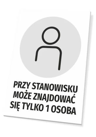Sign: Only 1 person may be at the workstation - Graphic design. Round icon of a figure on a gray background.