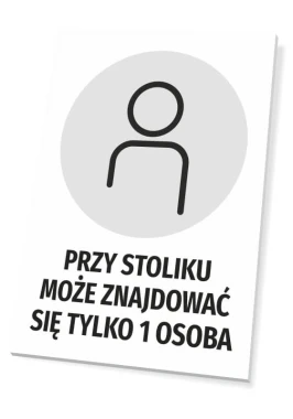 Sign: Only 1 person can sit at the table - Graphic design. Round icon of a figure on a gray background.