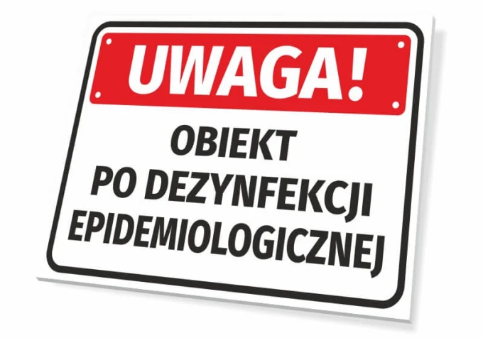 Caution: Object disinfected - Graphic design. Rectangular sign with red background and white text.