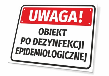 Caution: Object disinfected - Graphic design. Rectangular sign with red background and white text.