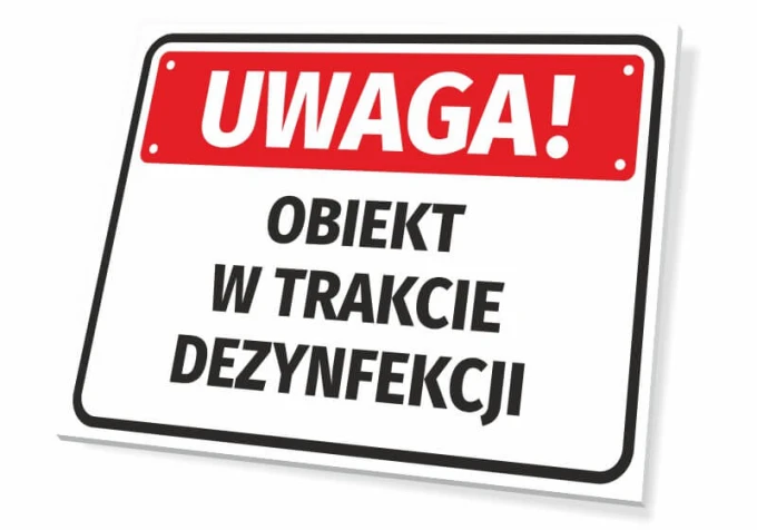 Caution: Object Under Disinfection - Simple sign with a red background and large black letters.
