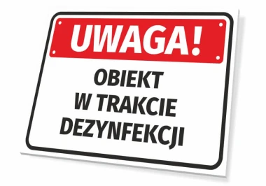 Caution: Object Under Disinfection - Simple sign with a red background and large black letters.