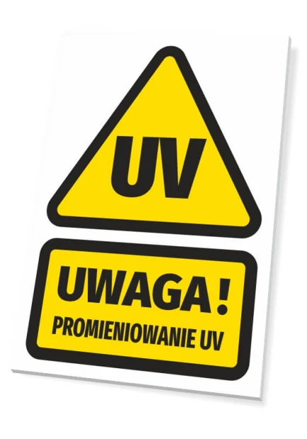 UV Radiation Warning Sign - Graphic design. Yellow triangle with black UV text and rectangle with Warning! text.