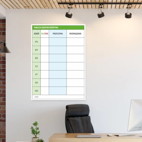 Magnetic dry-erase lean safety board 072 - Office setup with light-colored walls and modern furniture.