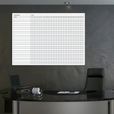 Magnetic dry-erase Gantt chart board 074 with daily month division - Office decor. Dark wall setting.