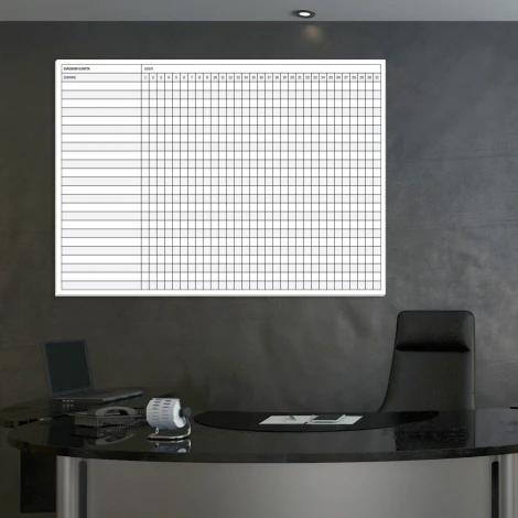Magnetic dry-erase Gantt chart board 074 with daily month division - Office decor. Dark wall setting.