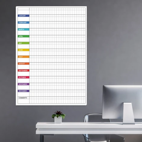 Magnetic dry-erase board lean 041 annual planner in English - Graphic design with a horizontal month grid.