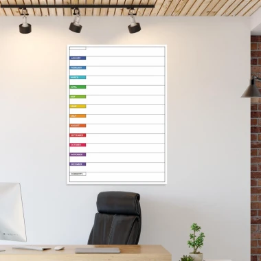 Magnetic dry-erase board lean 043 annual planner in English - Office setup with light-colored walls and wood accents.