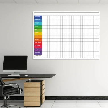 Magnetic dry-erase board lean 049 annual planner in English - Office setup with light walls and furniture.