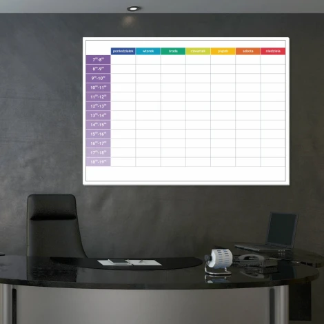Magnetic dry-erase weekly planner board with hours - Office arrangement. Dark-colored walls.