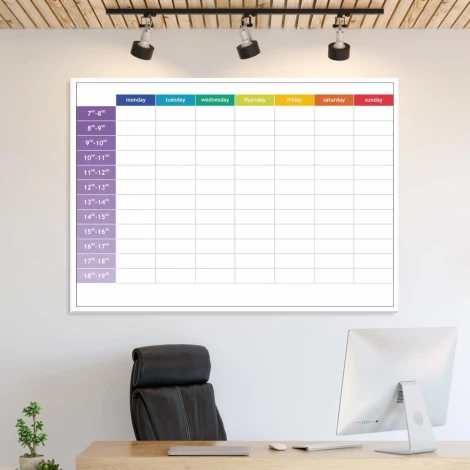 Magnetic dry-erase weekly planner board in English with hours - Ideal for bright office wall decor.
