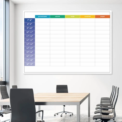 Magnetic dry-erase weekly planner board with hours - Office arrangement. Light-colored walls.