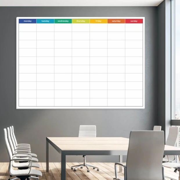 Magnetic dry-erase board lean 059 weekly planner in English - Office setup with gray walls and light furniture.
