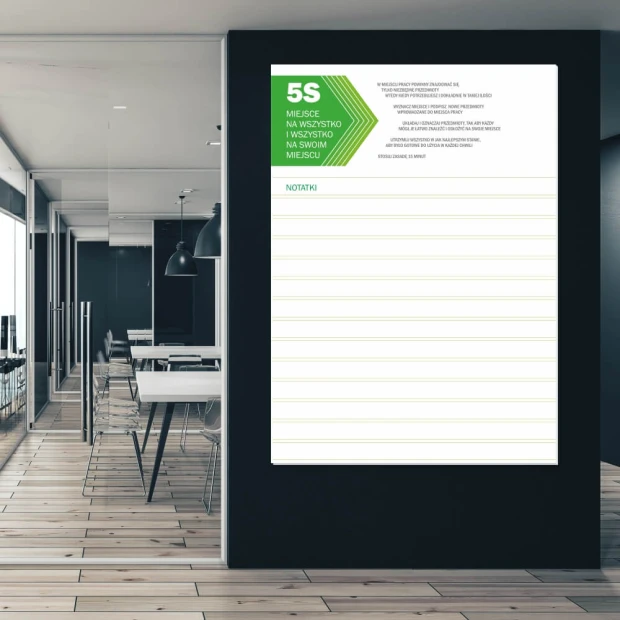Magnetic whiteboard lean 5S 064 with notepad - Office setup with light-colored walls, modern design.