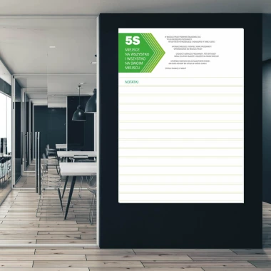 Magnetic whiteboard lean 5S 064 with notepad - Office setup with light-colored walls, modern design.