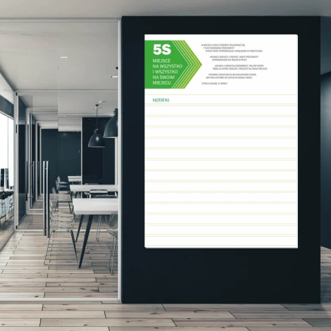 Magnetic whiteboard lean 5S 064 with notepad - Office setup with light-colored walls, modern design.