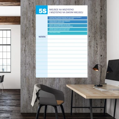 Magnetic dry-erase board lean 5S 065 with notepad - Office setup. Gray walls, wooden accents.