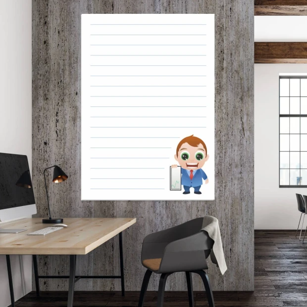 Magnetic dry-erase board featuring a businessman holding a briefcase, design 028. Perfect for lean business presentations.