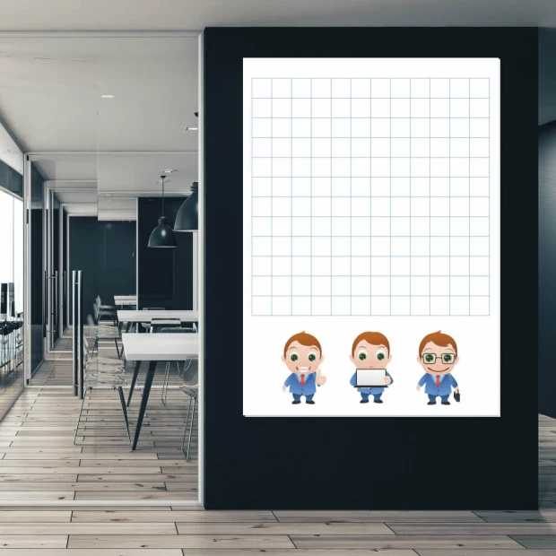 Magnetic whiteboard for lean business professionals 027 - Office setup with dark walls and wooden floor.