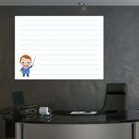 Magnetic dry-erase board with lean lines 025 - features graphic design with lines and a boy figure with a marker.