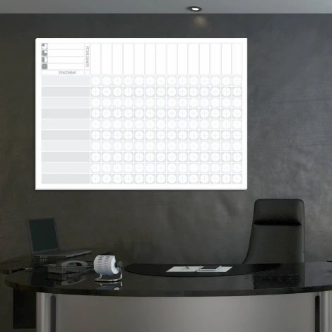 Magnetic dry-erase competency matrix board 135 - Office setup with dark walls, modern design.