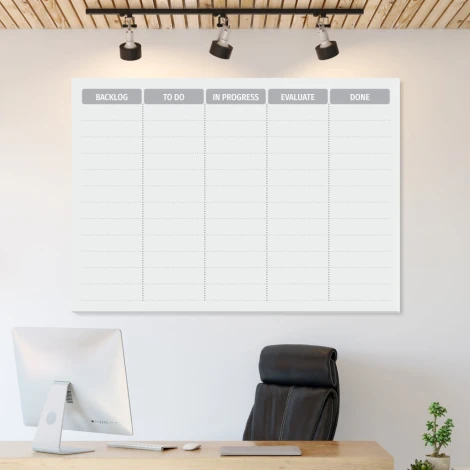 Scrum board 142 Magnetic dry-erase board for lean management - Office setup with light walls and minimalist furniture.