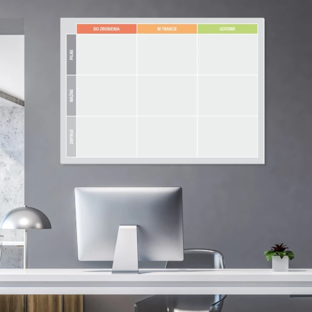 Magnetic dry-erase Kanban lean board 138 - Office setup with gray walls and minimalist furniture.