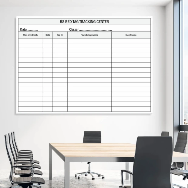 Lean 129 Dry Erase Magnetic Board Red Tag Tracking Center - Office setup with bright walls and furniture.
