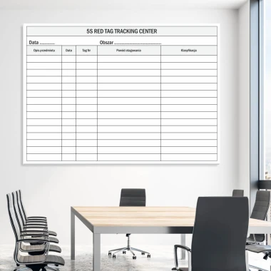 Lean 129 Dry Erase Magnetic Board Red Tag Tracking Center - Office setup with bright walls and furniture.