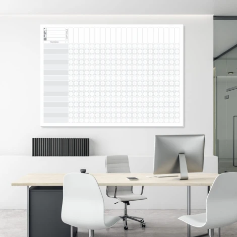 Magnetic whiteboard lean Competency Matrix 136 - Office arrangement with light walls and furniture in shades.