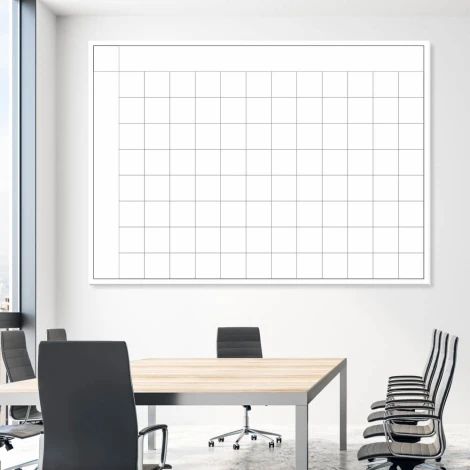 Magnetic whiteboard lean planner grid 001 - Office setup with bright walls and minimalist furniture.