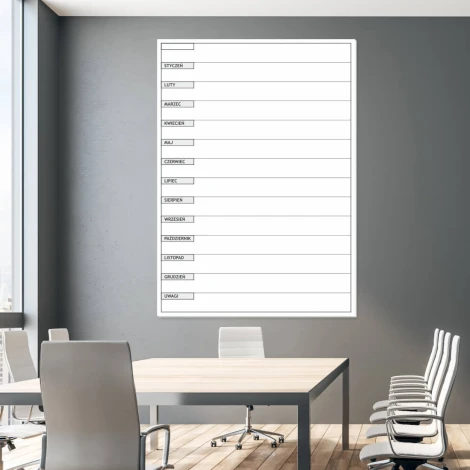 Dry-erase magnetic board lean planner annual 007 - Office setup. Gray walls, minimalist design.