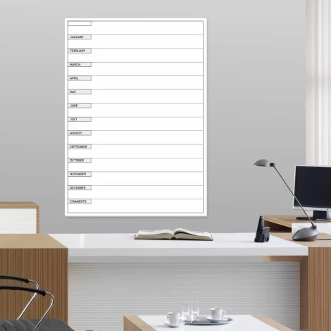 Magnetic dry-erase board, annual lean planner in English, ideal for office decor with light-colored walls and furniture.